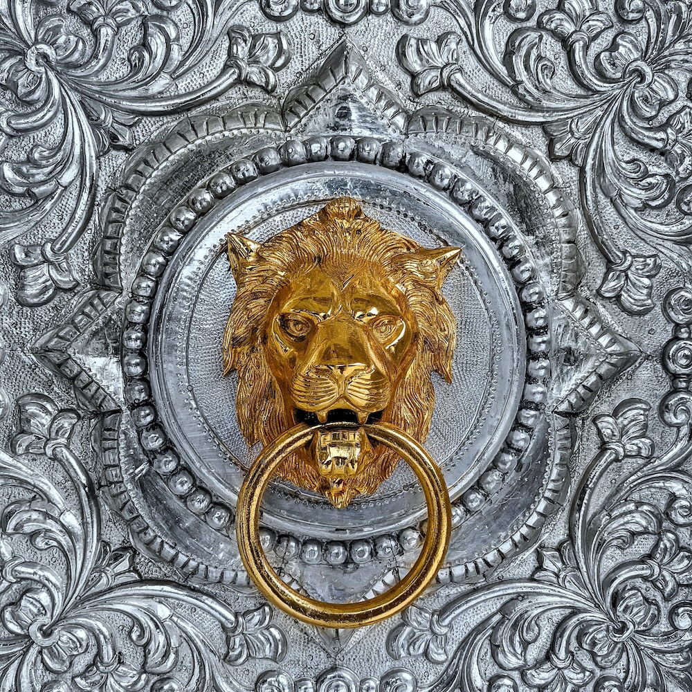 silver door with gold lion knocker